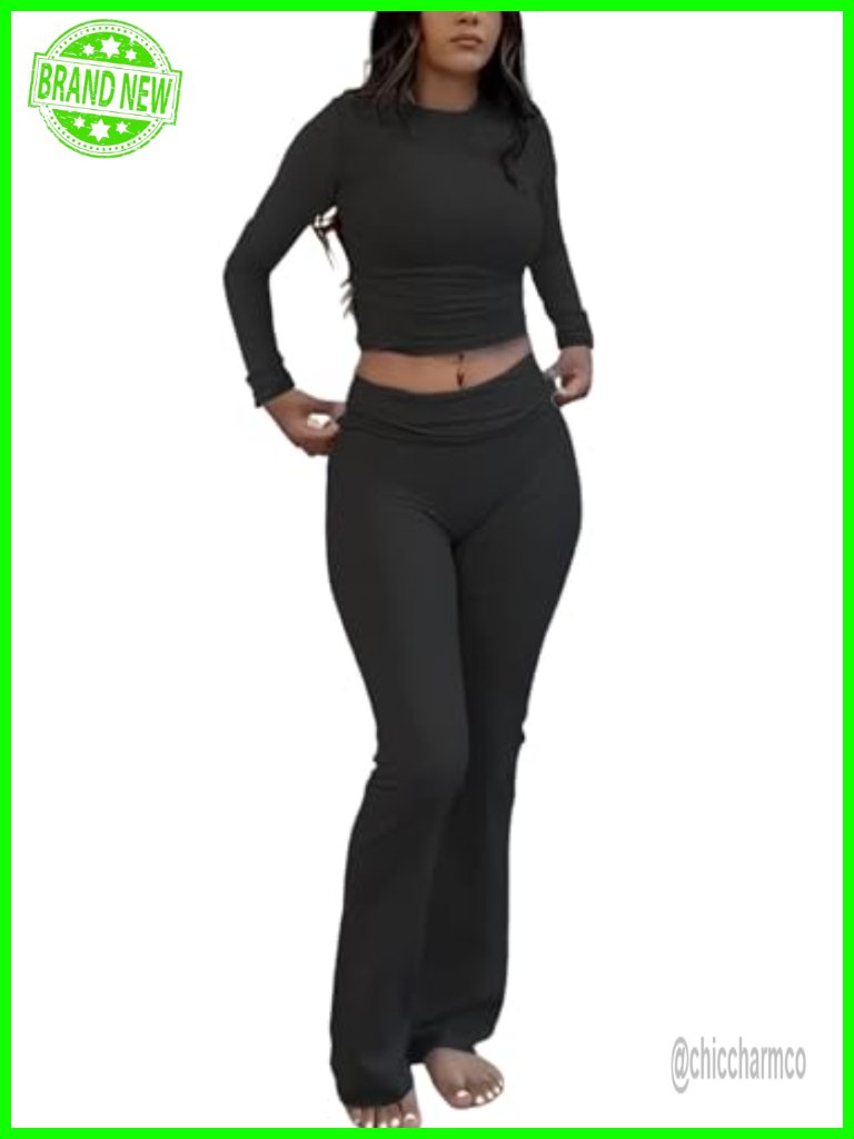 Long Sleeve High Waist Fold-Over Flared Leggings Pants Tracksuit Set